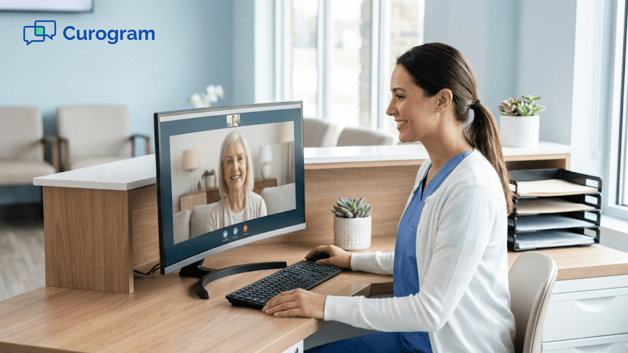 Clinic front desk staff managing efficient video consultation on desktop computer