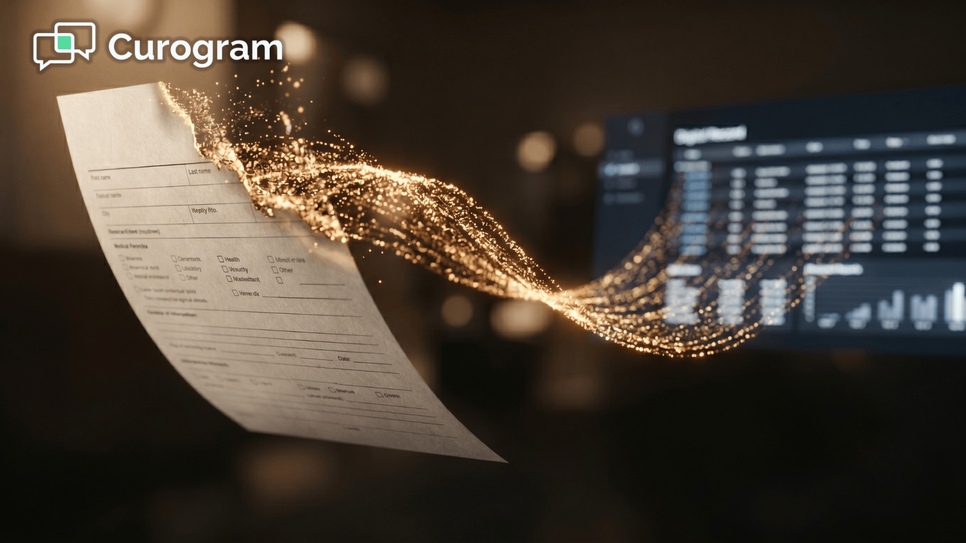 Paper intake form dissolving into light and turning into structured digital patient data