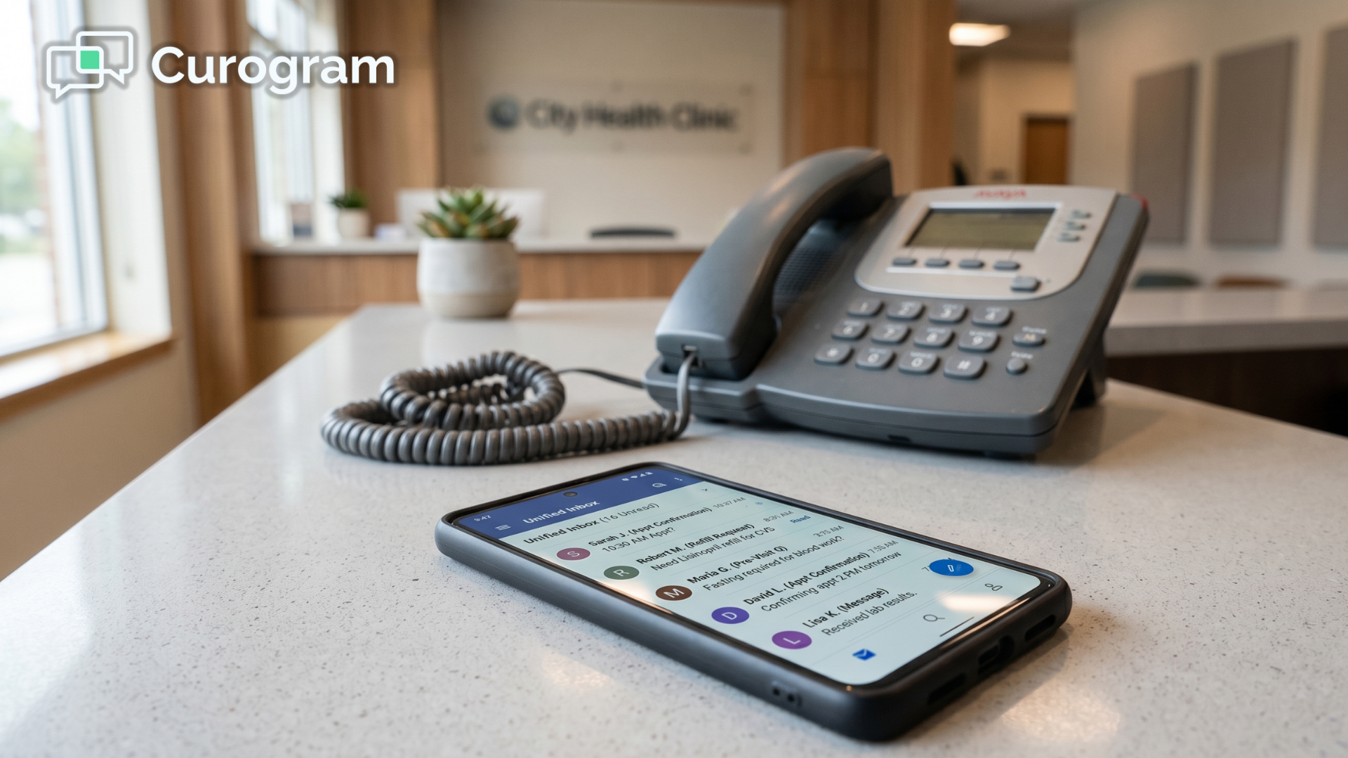 Smartphone showing a unified CharmHealth patient texting inbox beside an unplugged desk phone