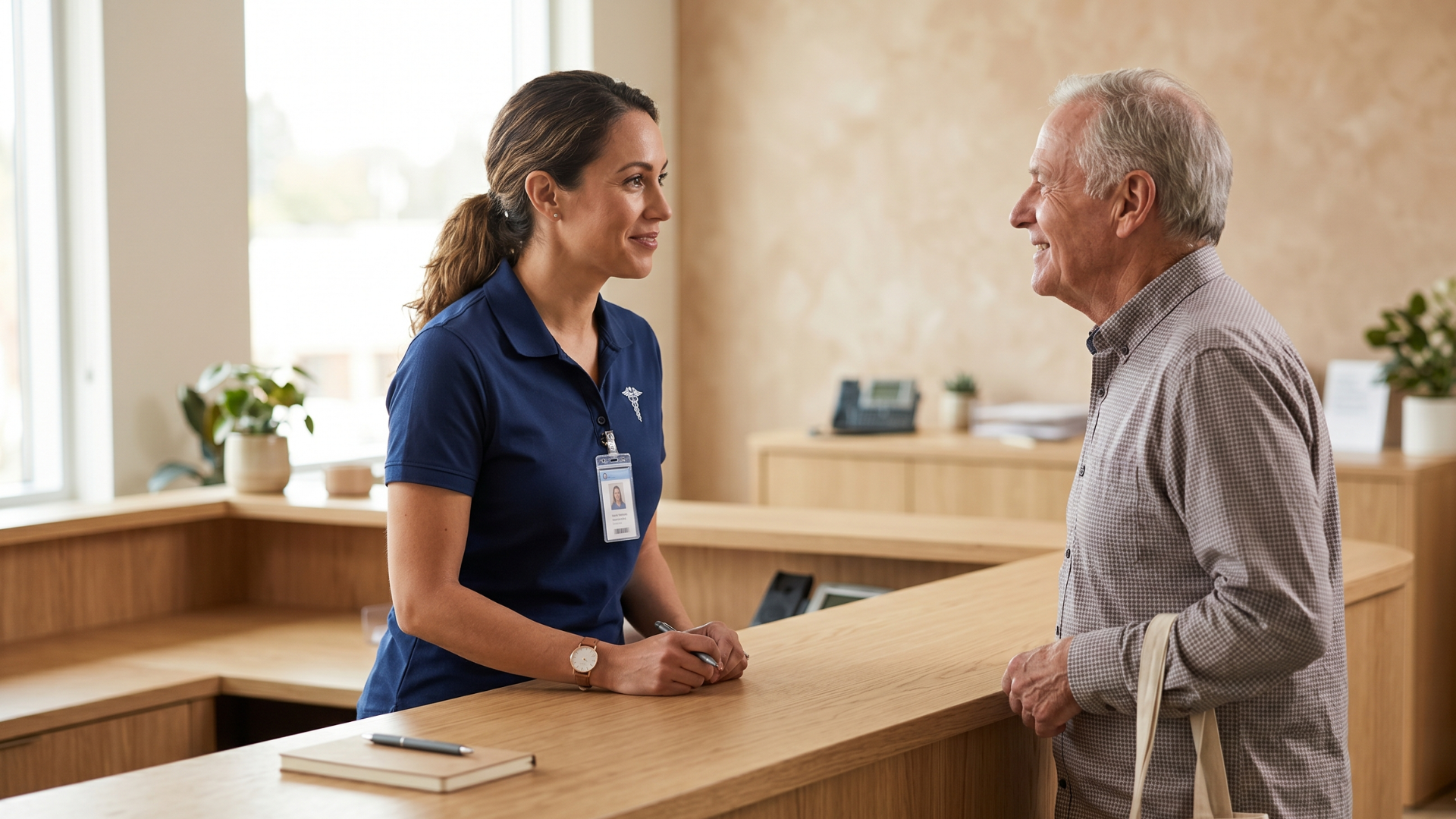 Clinic front desk coordinator standing to greet a patient at the check-in counter