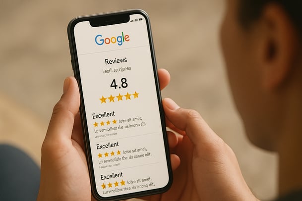Close-up of person holding smartphone displaying a 4.8-star Google review rating with multiple 5-star customer reviews — highlighting strong online reputation and customer satisfaction