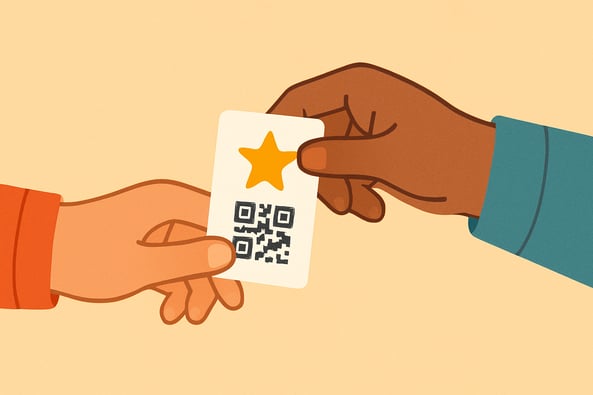 Illustration of two hands exchanging a review card with a star icon and QR code — symbolizing easy access to leave customer feedback or online reviews.
