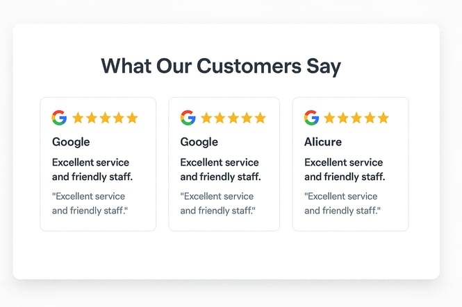 Customer review section showcasing multiple 5-star ratings from Google and Alicure, highlighting excellent service and friendly staff as shared in testimonials.