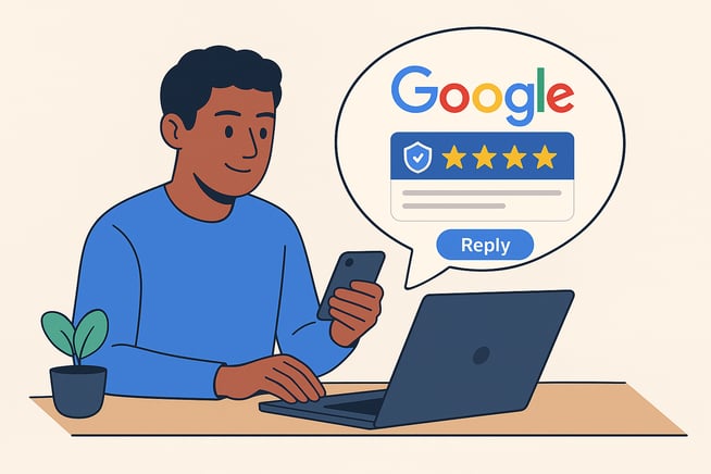 Illustration of a smiling man using a phone and laptop to respond to a 5-star Google review — representing online reputation management and customer engagement.