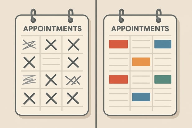Visual contrast showing the negative impact of missed appointments (empty calendar) versus an efficient schedule (full calendar) when aiming to reduce no shows.