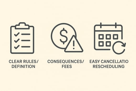 Icons representing the key components of an effective no-show policy designed to reduce missed appointments.
