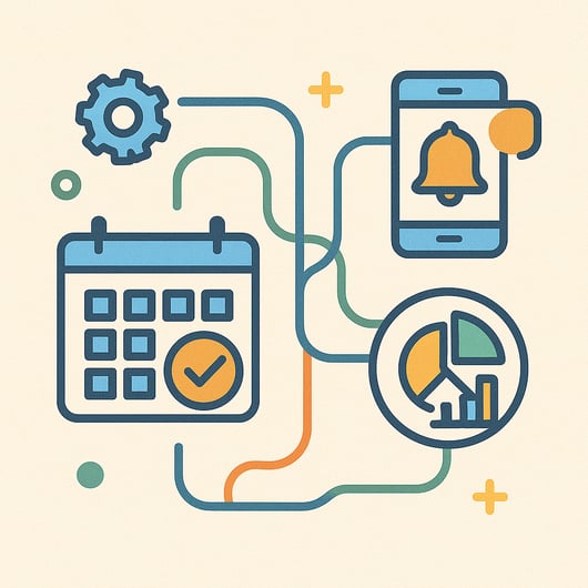 Abstract graphic illustrating how technology solutions integrate to help businesses reduce no show appointments.