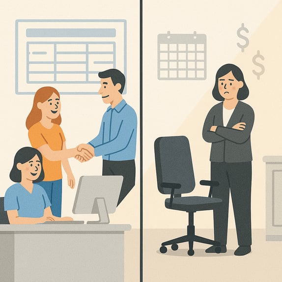 Illustration showing the contrast between a busy, efficient business schedule and an empty chair representing a costly missed appointment.
