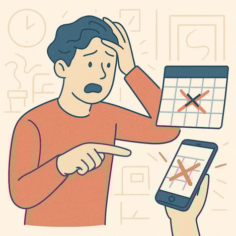 Illustration of a person discovering a scheduling conflict on a calendar, representing a common reason for missing an appointment