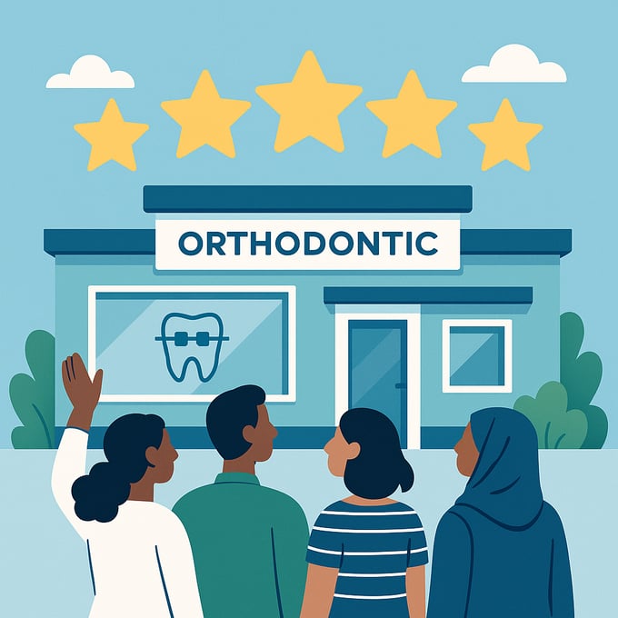Illustration showing people choosing an orthodontic practice based on high star ratings, highlighting the importance of online reviews.