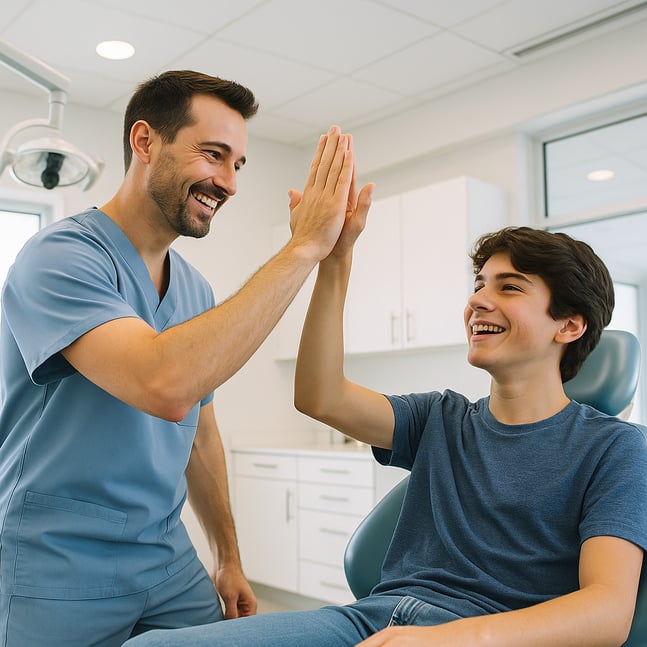 Smiling teenage patient high-fiving their orthodontist in a modern clinic, representing a positive patient experience crucial for getting reviews.