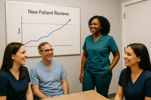Orthodontic team collaborating and tracking progress during an internal campaign focused on getting more patient reviews.