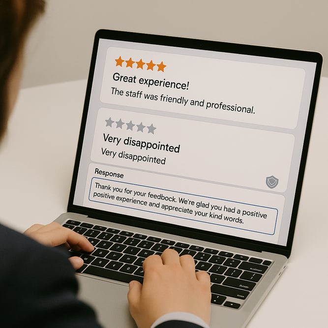 Professional responding thoughtfully and compliantly to online patient reviews for an orthodontic practice on a laptop.