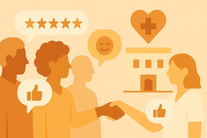 Illustration showing positive patient feedback bubbles moving towards a healthcare practice symbol, representing the importance of asking patients for reviews.