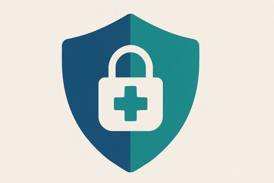 "Abstract graphic symbolizing HIPAA compliance and data security in healthcare patient reviews, featuring interlocking shapes and a shield icon."