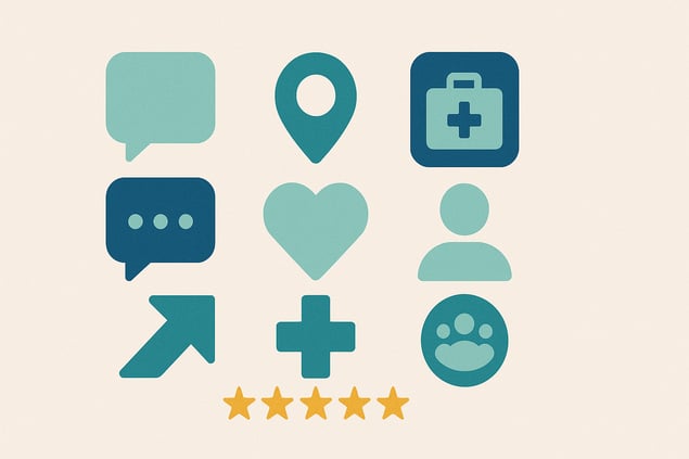 "Graphic displaying various generic icons representing online review platforms relevant to healthcare practices asking patients for reviews."