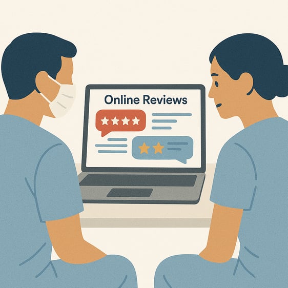 Two dental team members reviewing online patient feedback on a laptop, emphasizing the importance of reputation management."