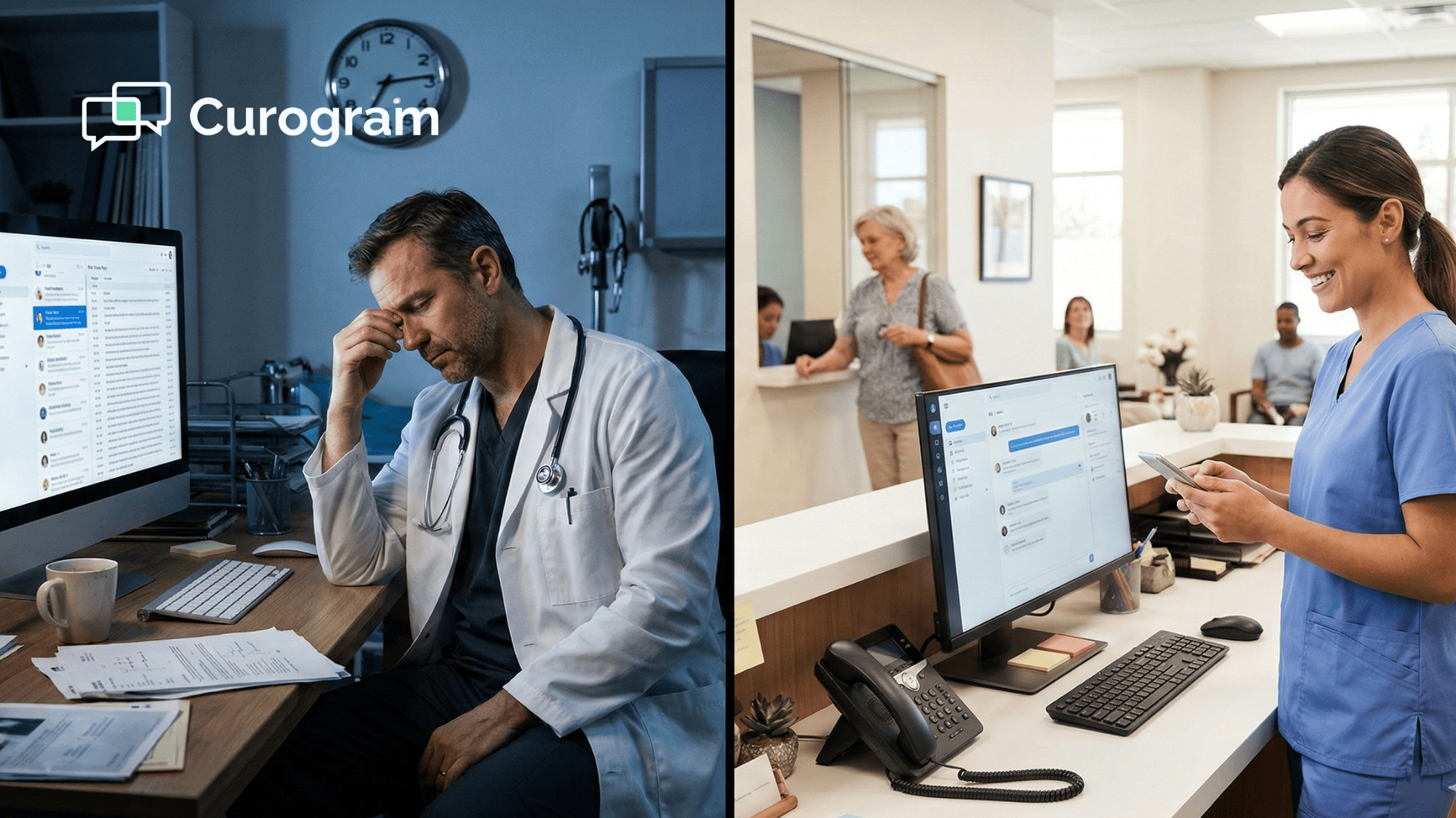 Side-by-side contrast of provider burnout from inbox overload and efficient front desk staff handling admin tasks by text