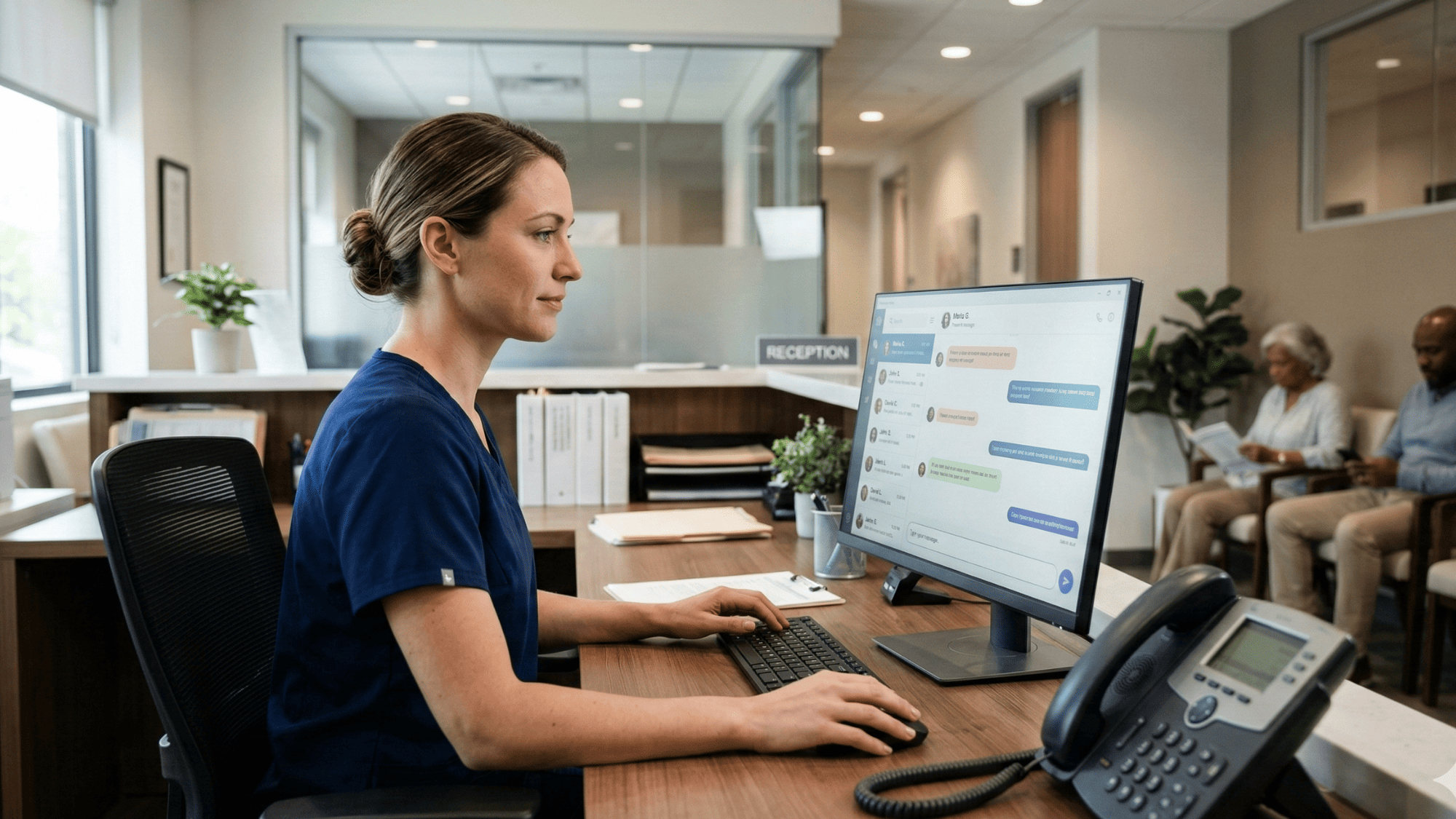 Front desk staff member calmly managing patient text conversations on a messaging dashboard in a medical office