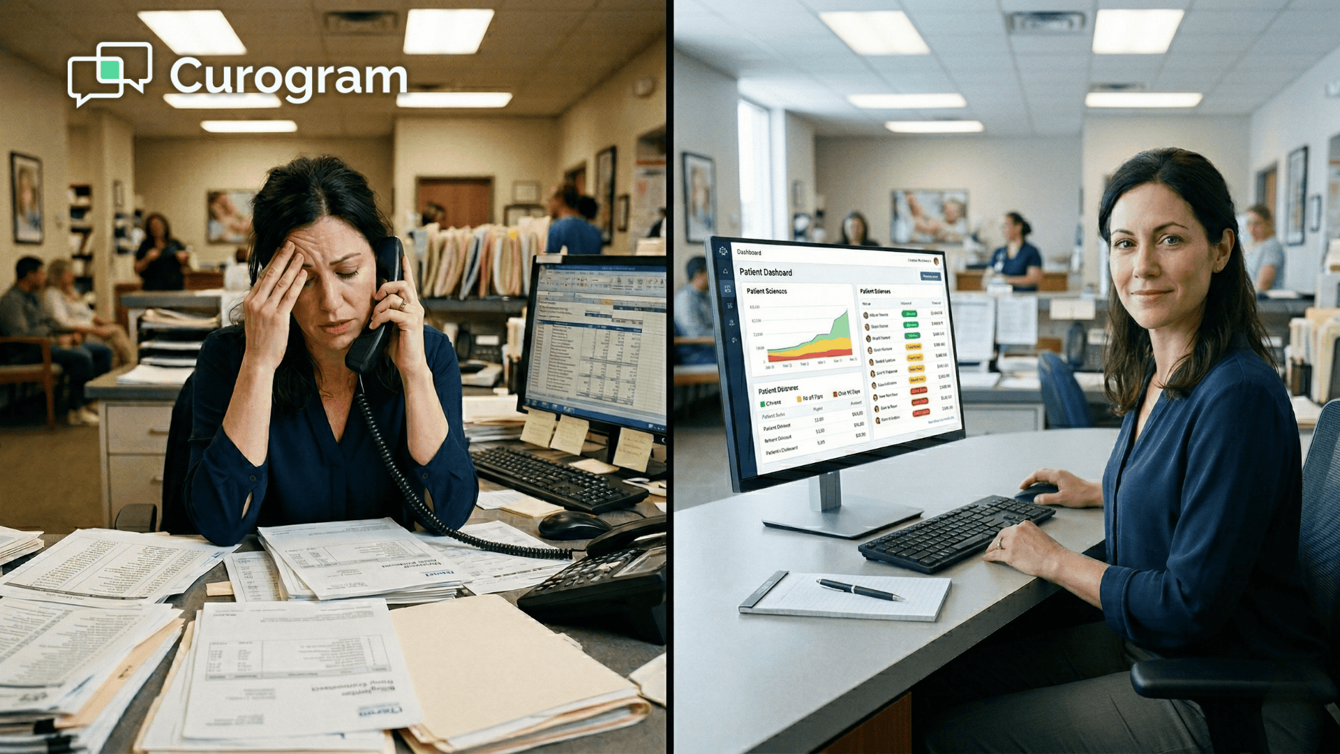 Billing coordinator stressed by collections calls vs. managing A/R dashboard calmly