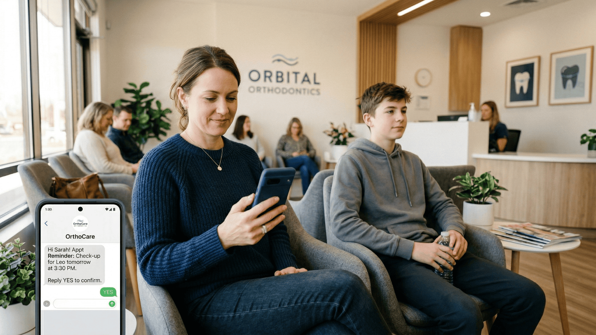 Parent confirms child's orthodontic appointment via SMS text reply in waiting room