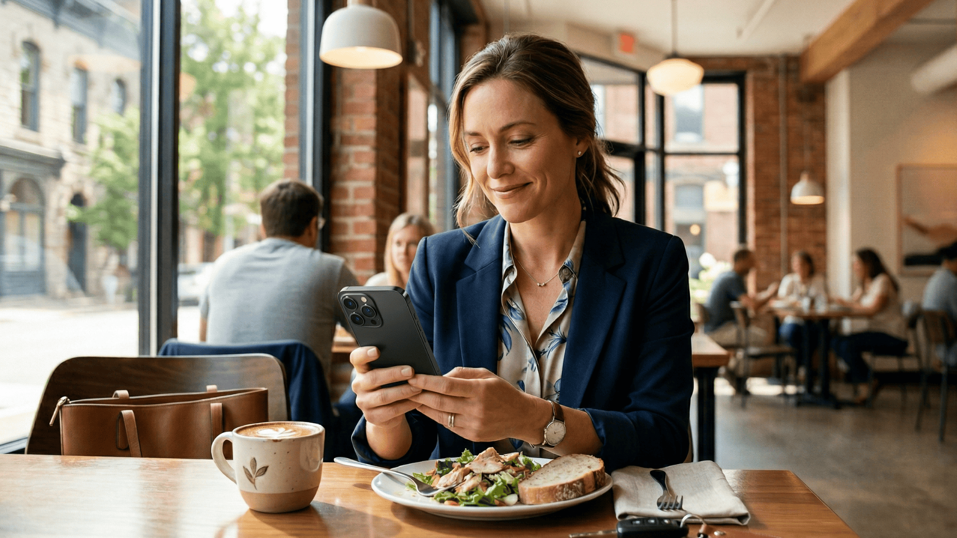 Parent completing mobile orthodontic intake forms on her phone during a lunch break
