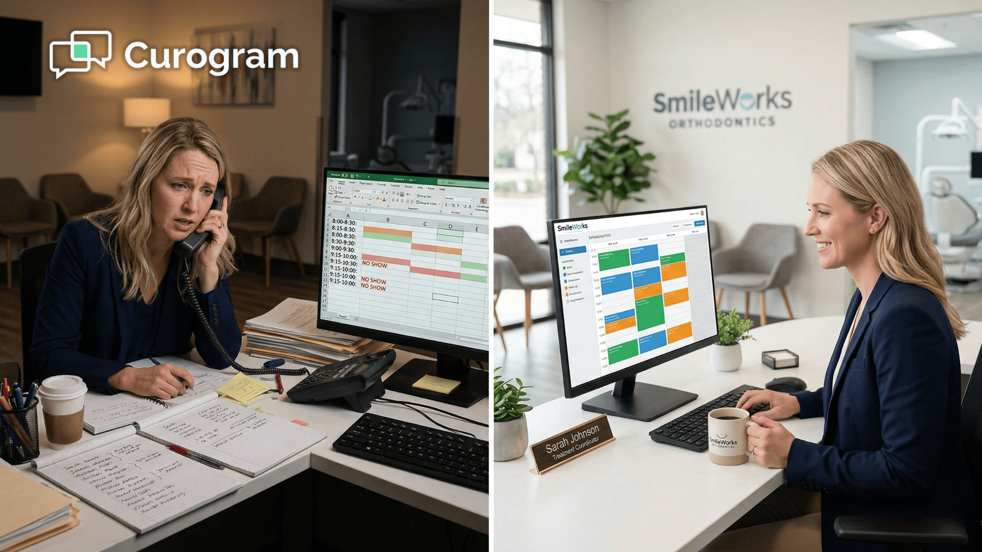 Treatment coordinator managing Cloud 9 ortho schedule before and after automated confirmations