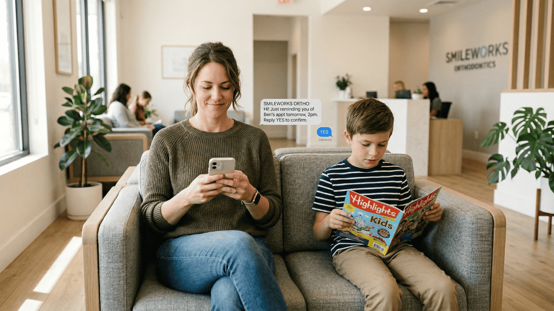 Parent confirming orthodontic appointment via SMS text in a modern ortho waiting room