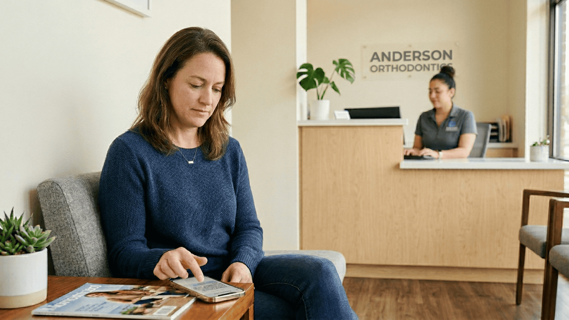 Parent reading an orthodontic recall text in a practice waiting area, front desk in background