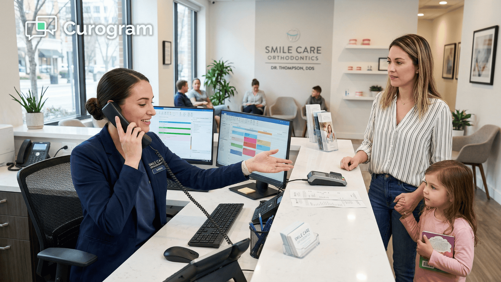 Busy orthodontic front desk coordinator managing patients and phone calls