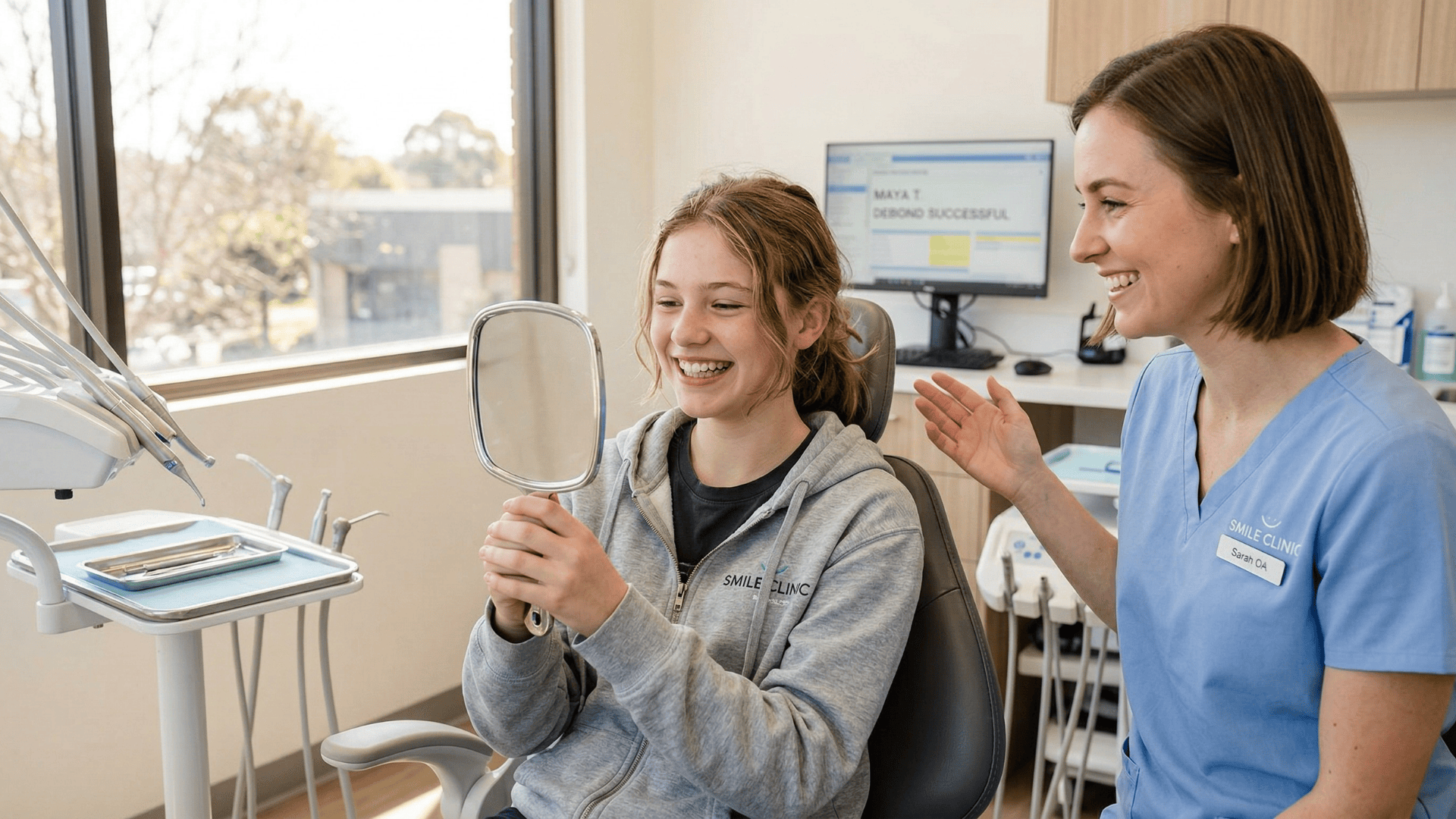 Teen patient smiling after orthodontic debond appointment with assistant
