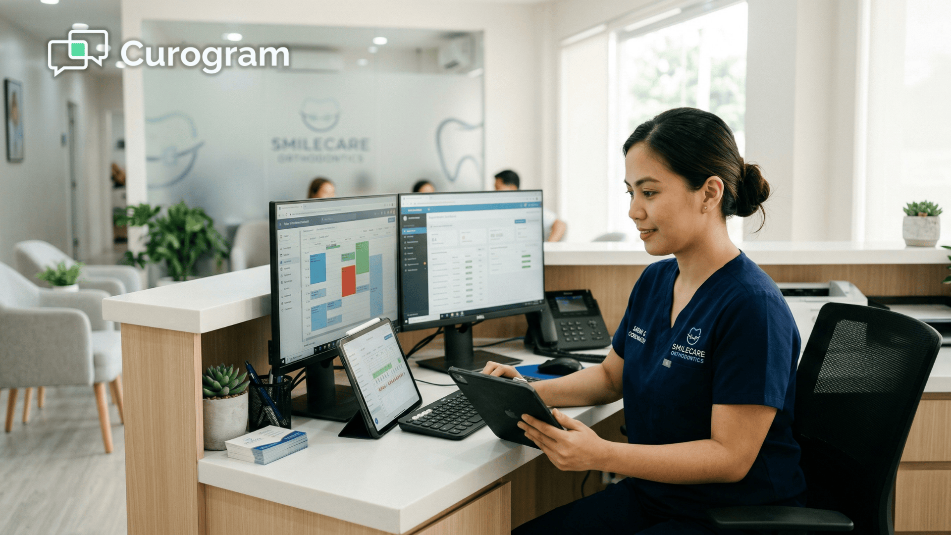 Orthodontic front desk coordinator managing virtual visit workflow on Curogram dashboard