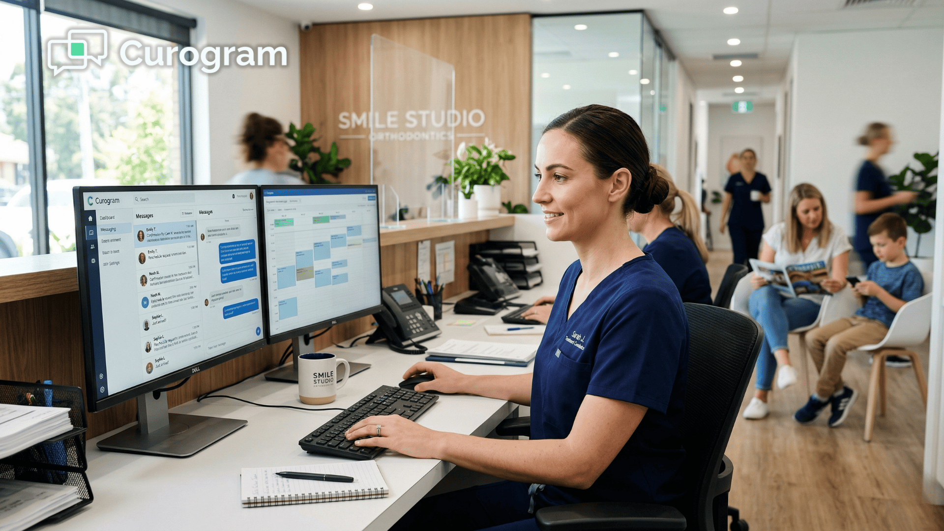Treatment coordinator managing Cloud 9 patient text conversations at orthodontic front desk