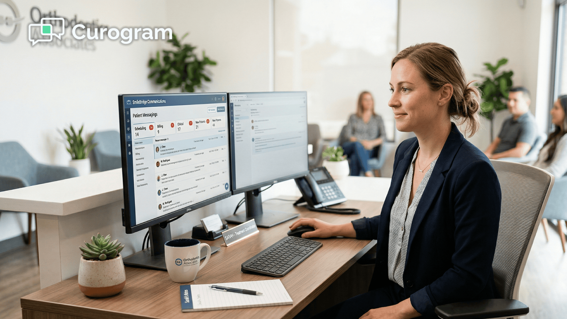 Treatment coordinator managing Cloud 9 orthodontic text routing on desktop