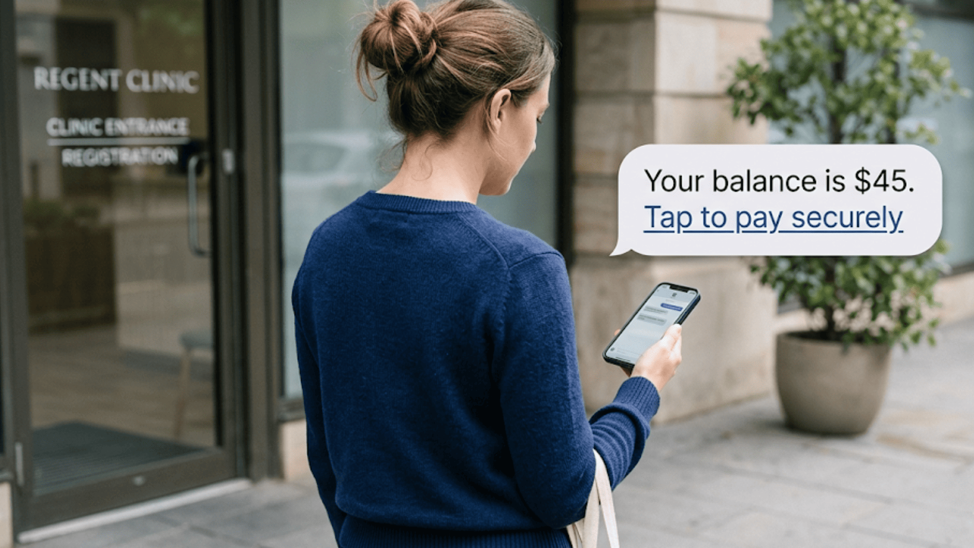 Patient leaving a clinic views a floating text bubble with a secure CureMD SMS payment link for a $45 balance