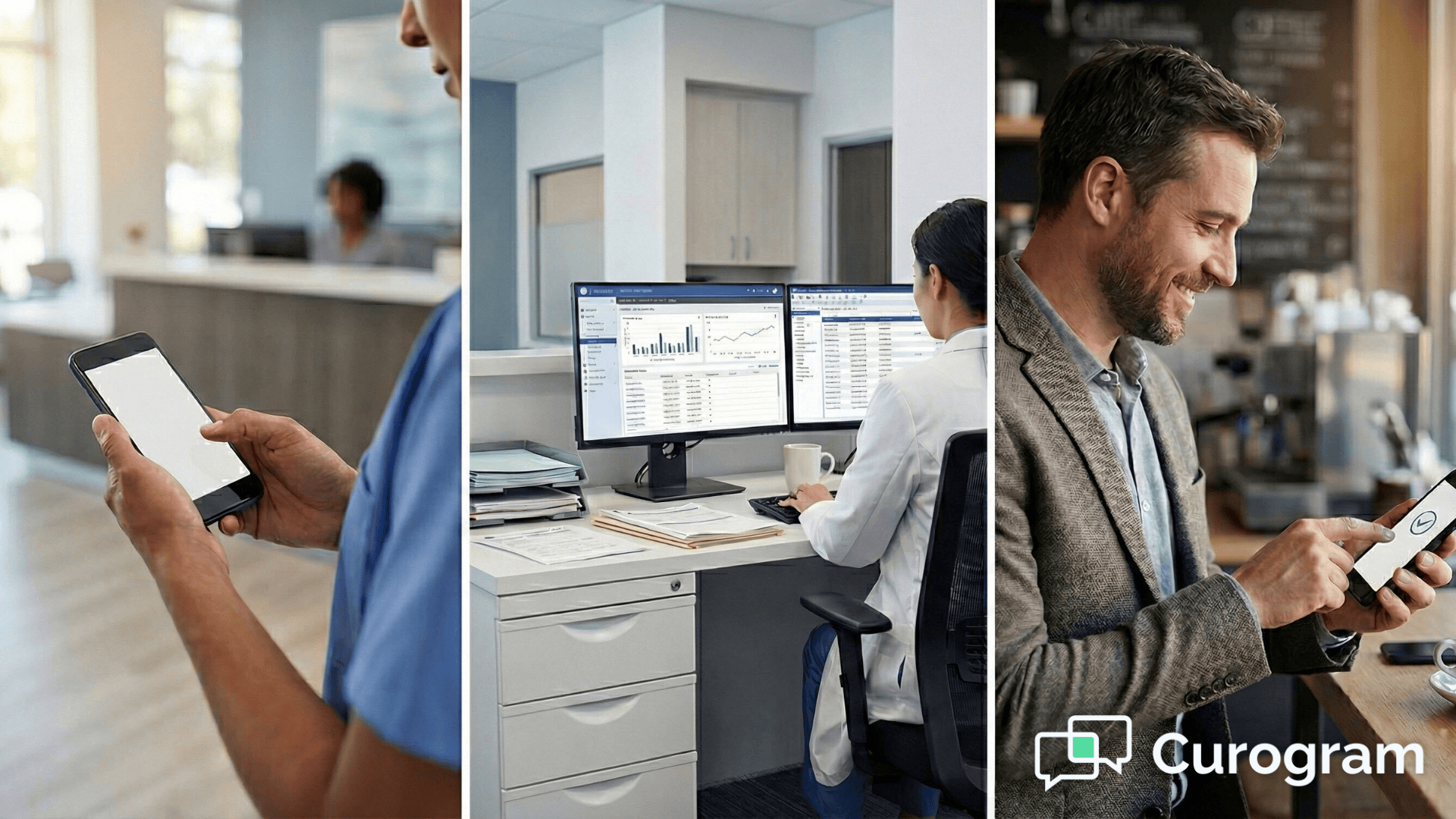 Healthcare billing specialist using Text-to-Pay automation on smartphone for patient collections