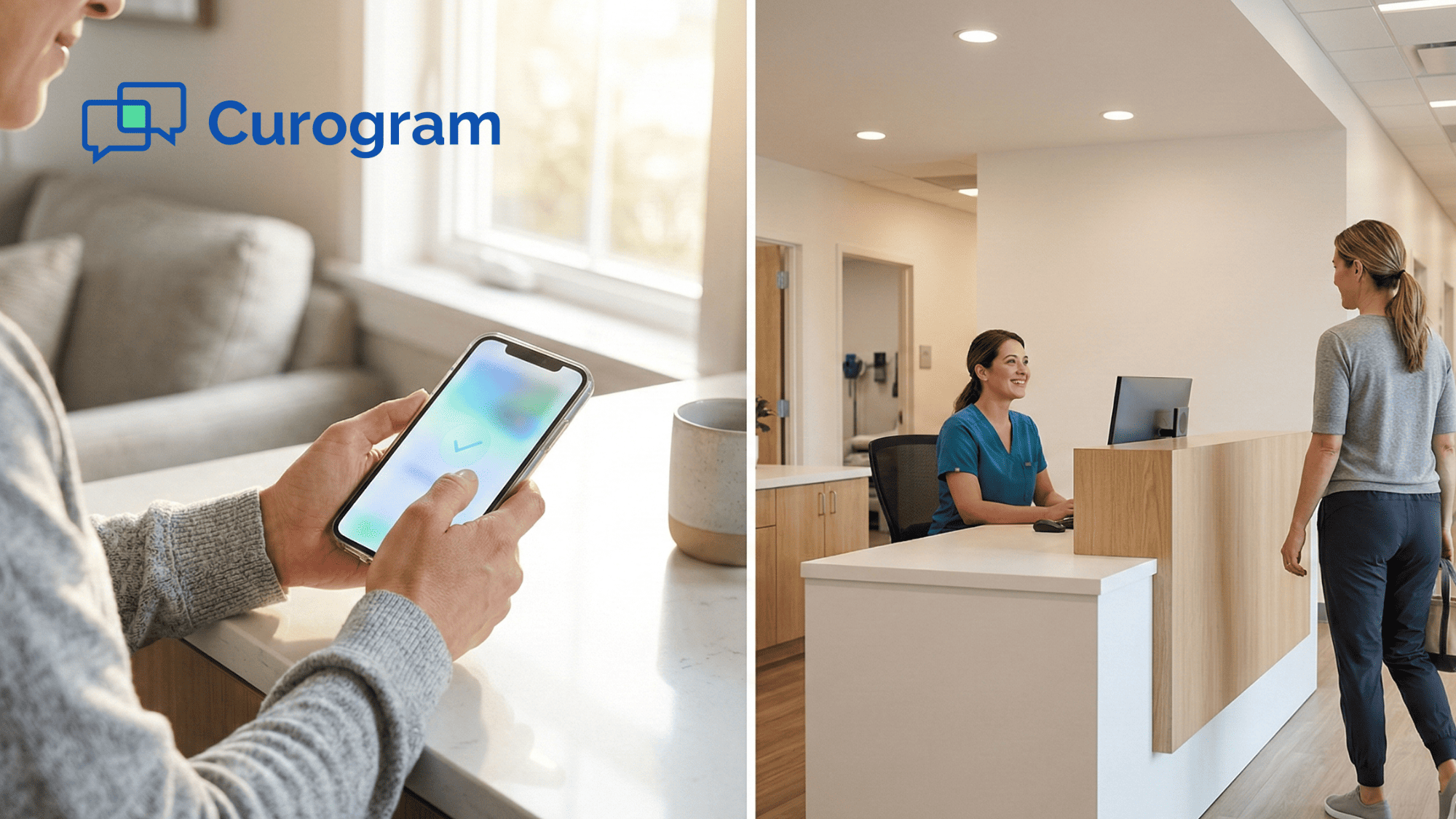Patient paying co-pay on smartphone at home while clinic front desk enjoys a smooth check-in