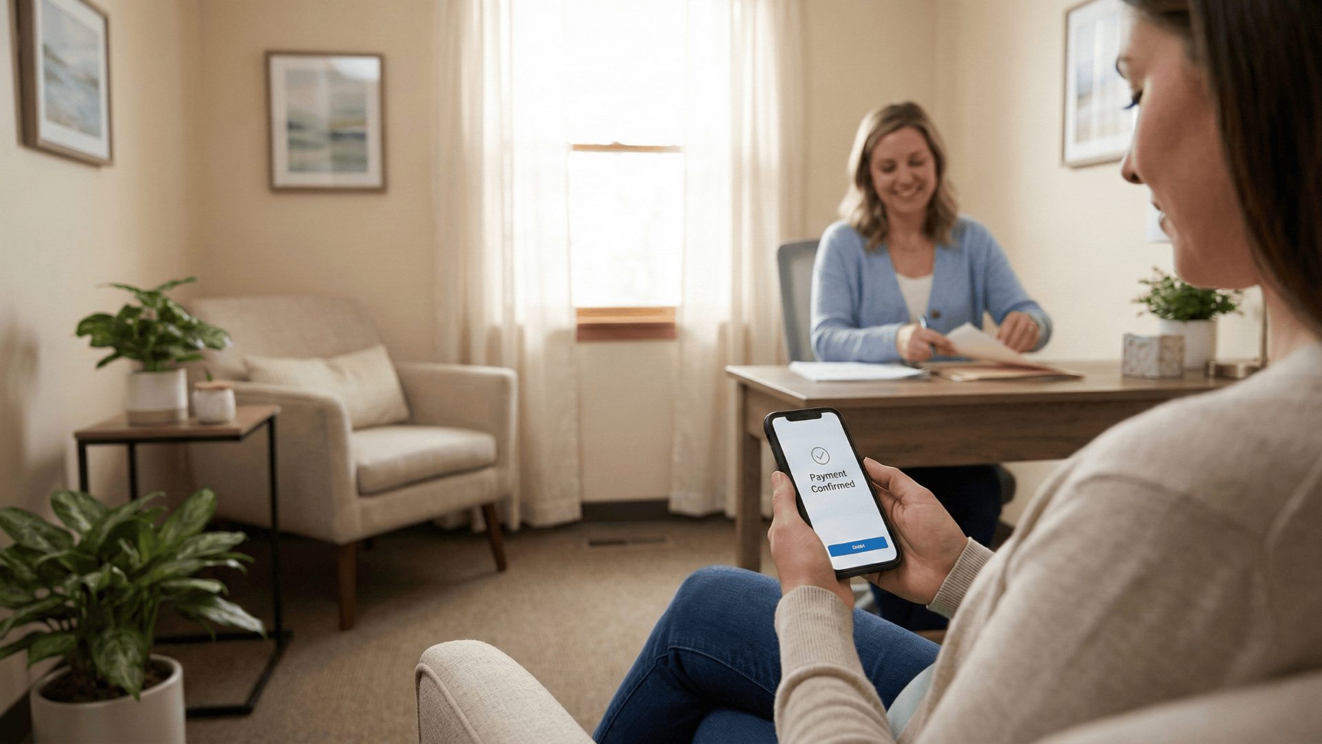 Client confirming secure text payment in private clinic room