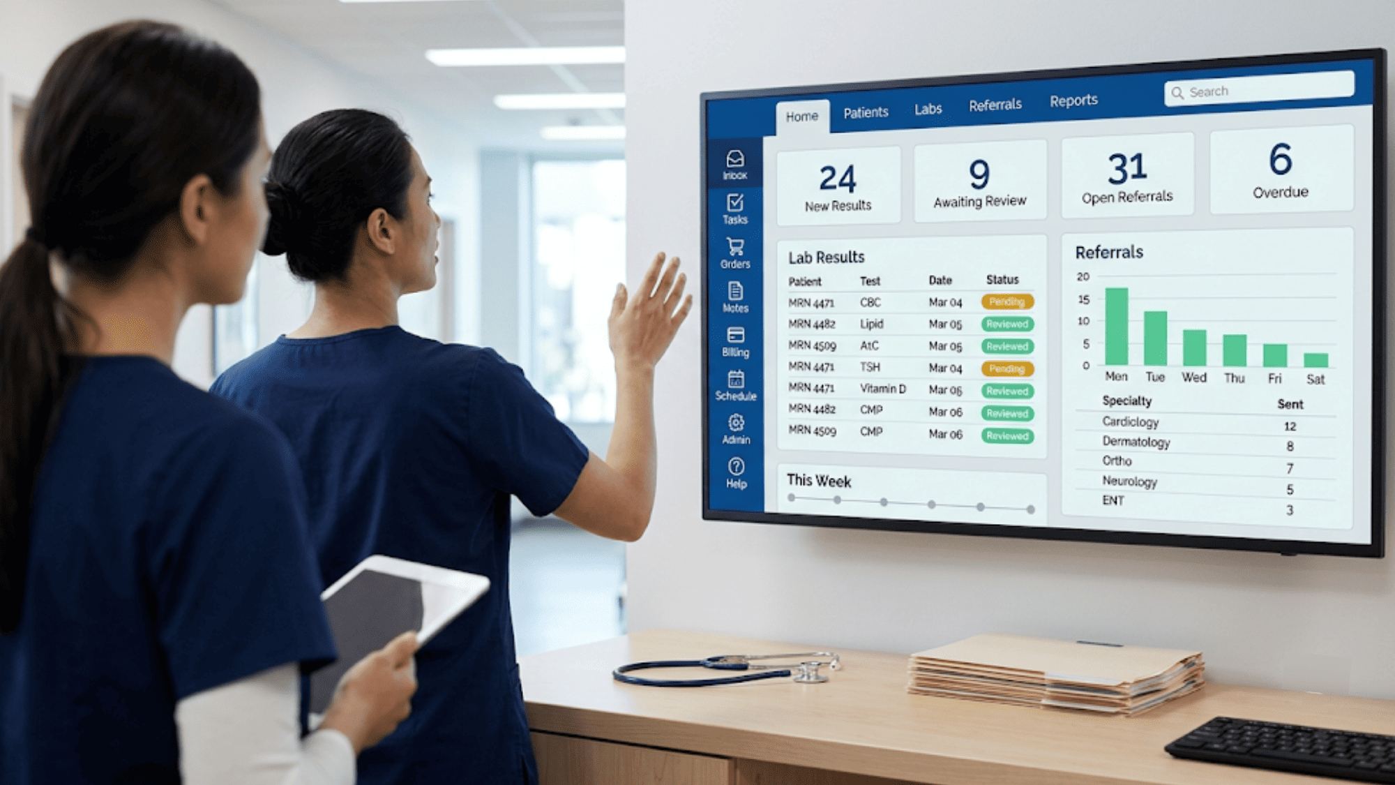 Two clinic staff reviewing an EHR dashboard showing pending lab results and open referral counts
