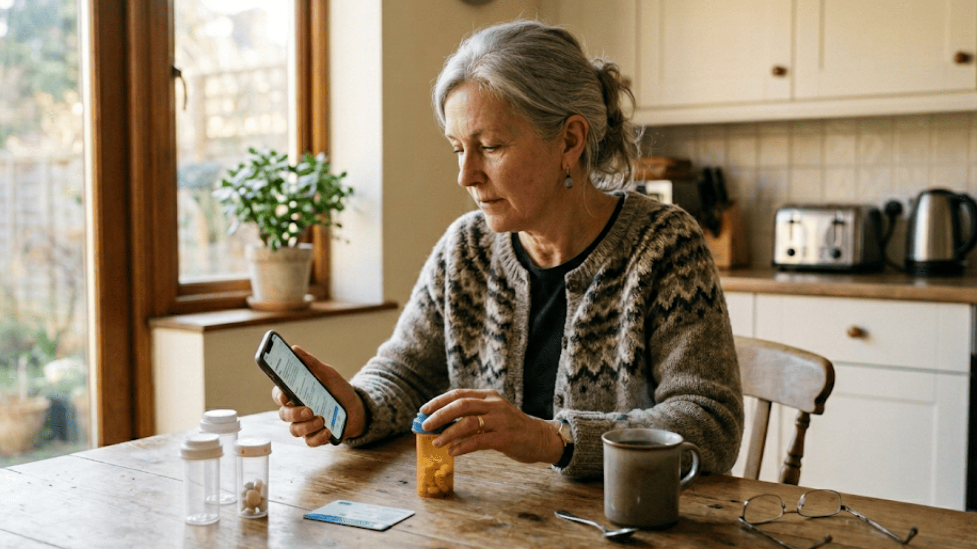 A senior patient working through a pre-procedure intake form on her smartphone in a sunlit kitchen