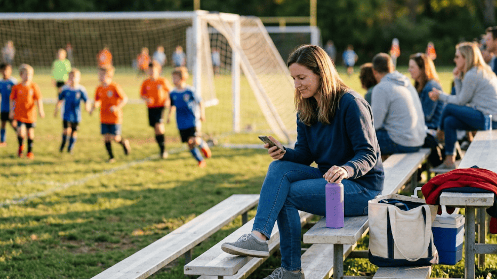 Mom at soccer practice casually confirming her child's Dolphin orthodontic appointment with a quick text reply
