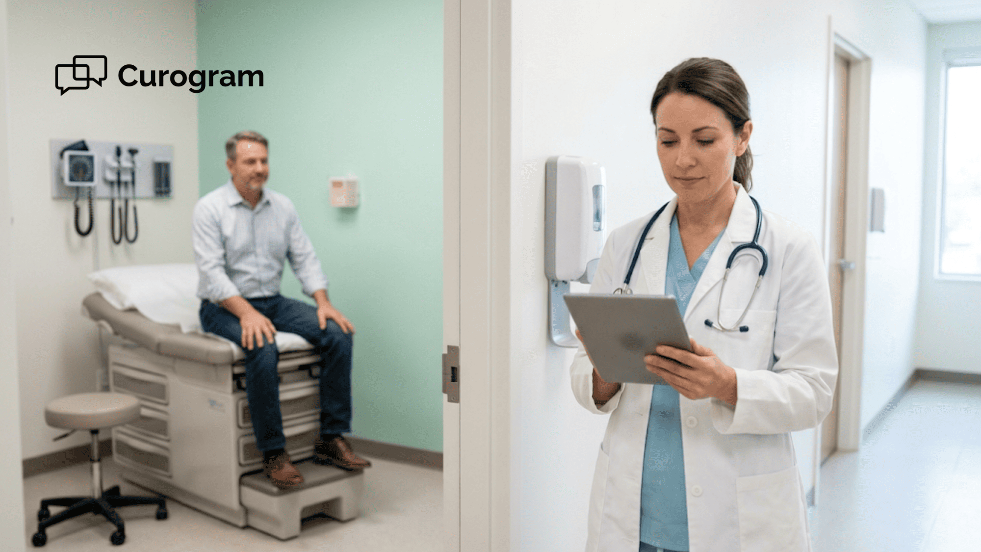 Physician reviewing a patient’s intake history on a tablet before entering the exam room