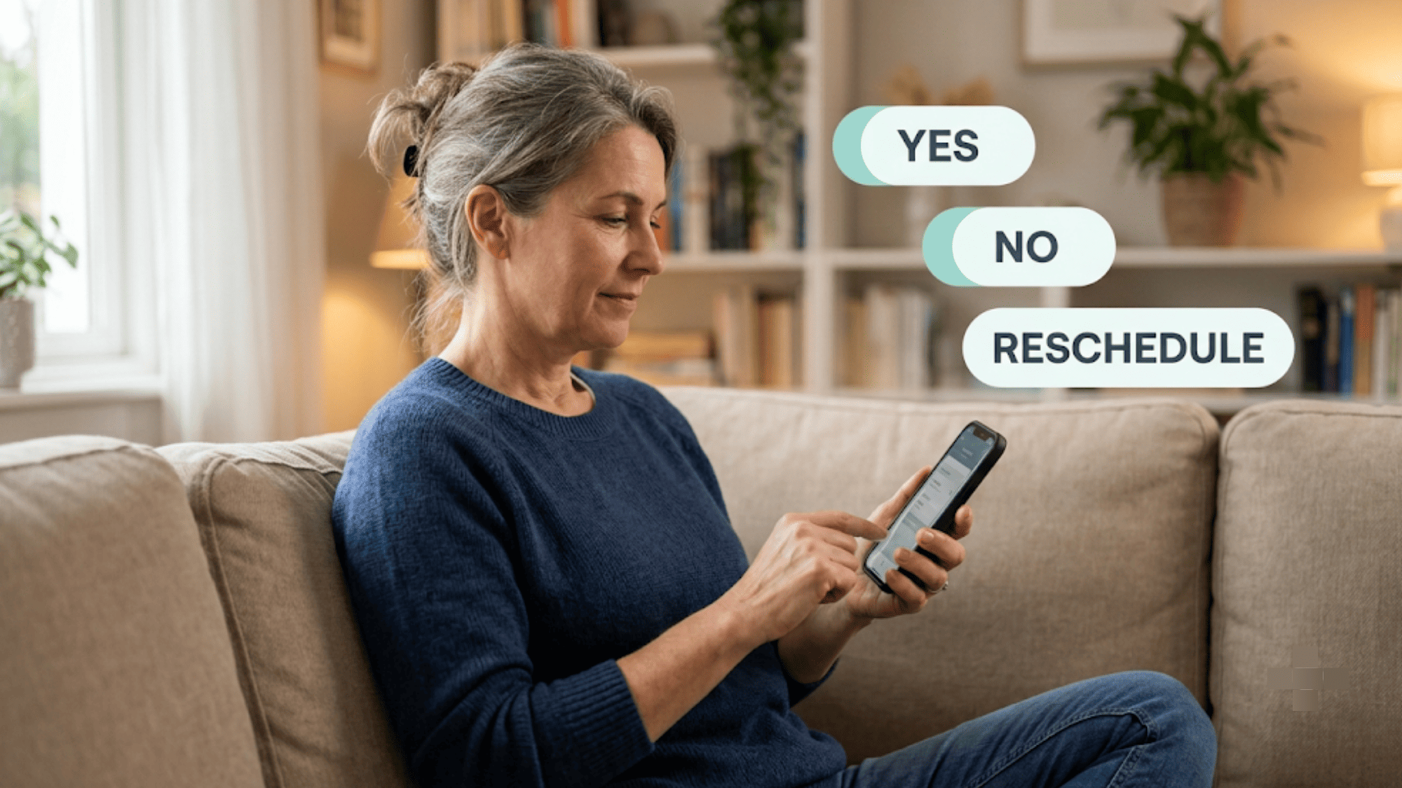 Patient on a home sofa tapping a phone reply with floating YES, NO, and RESCHEDULE bubbles above it