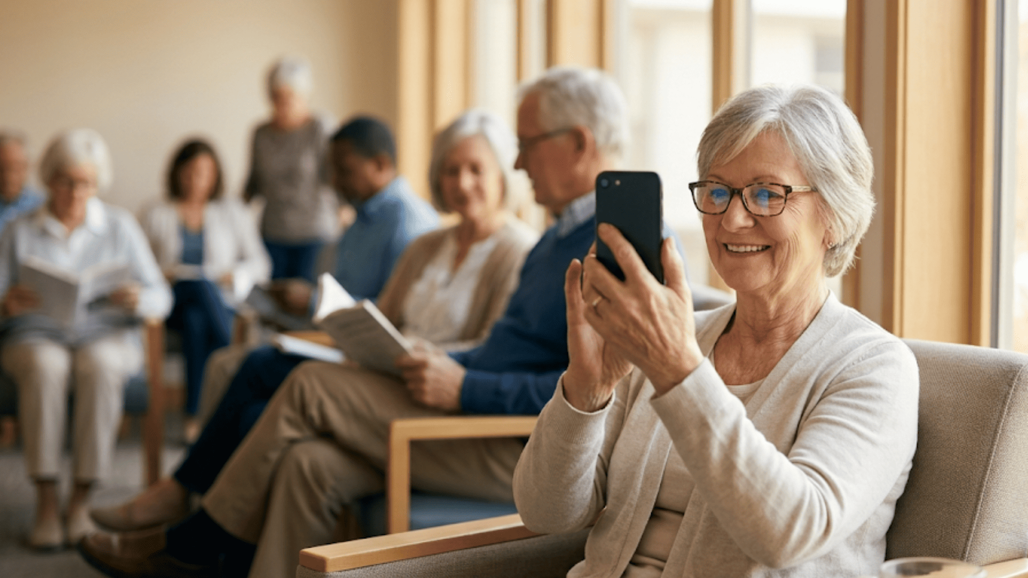 Older woman joining a video visit on her phone while other patients wait nearby