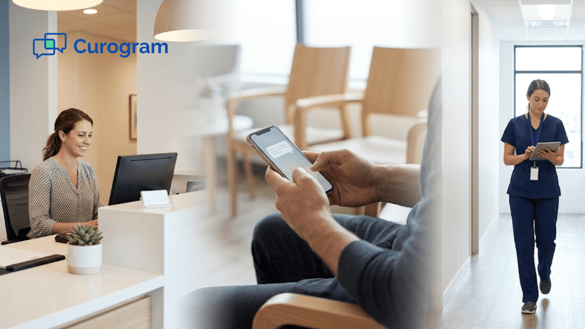Healthcare staff managing patient communication across devices in a modern medical practice office setting