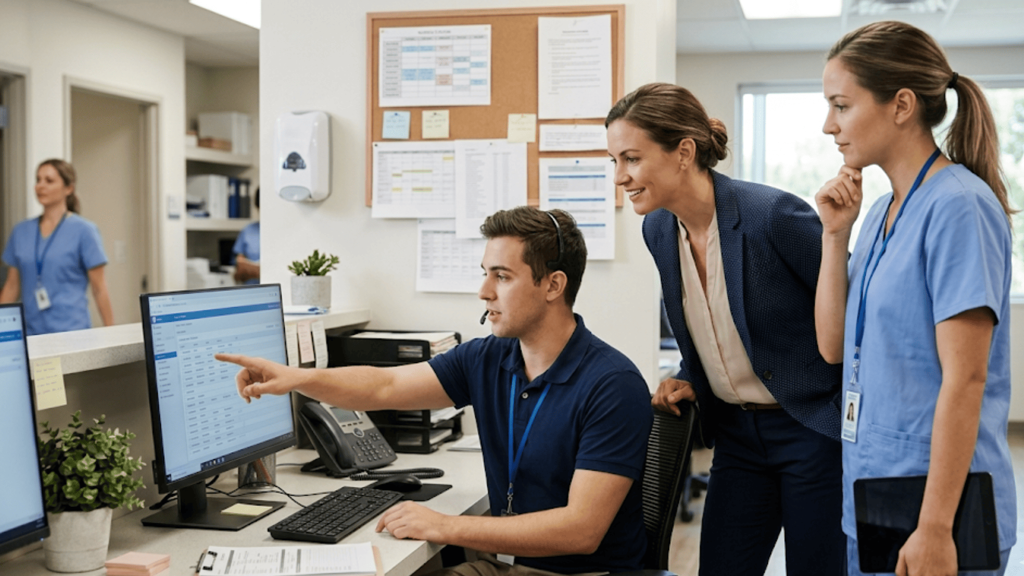 Medical office team including nurse, front desk staff, and office manager working together at a clinic workstation