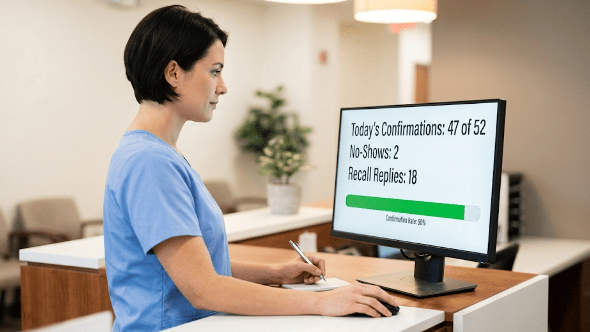 Clinic receptionist monitoring no-show revenue recovery cost analysis dashboard at modern reception counter