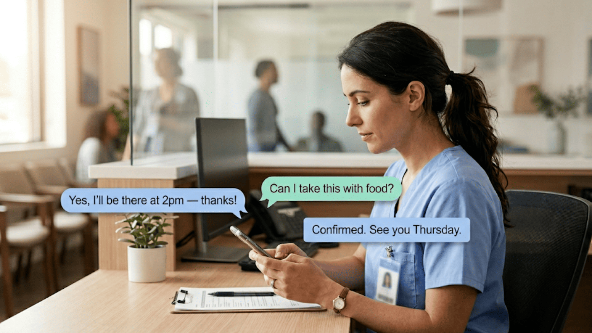 Medical front desk coordinator reviewing real-time patient text messages on a smartphone using two-way clinical messaging