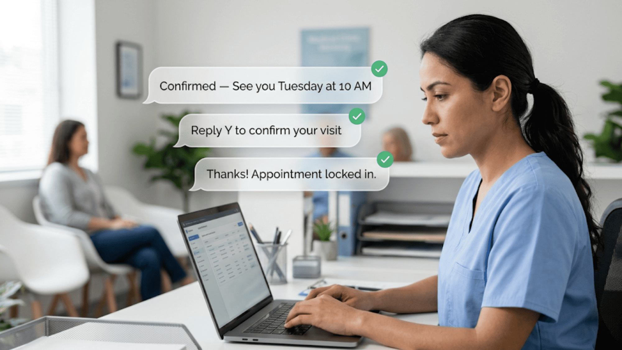 Medical receptionist reviewing automated patient appointment confirmations on a laptop at a modern clinic front desk