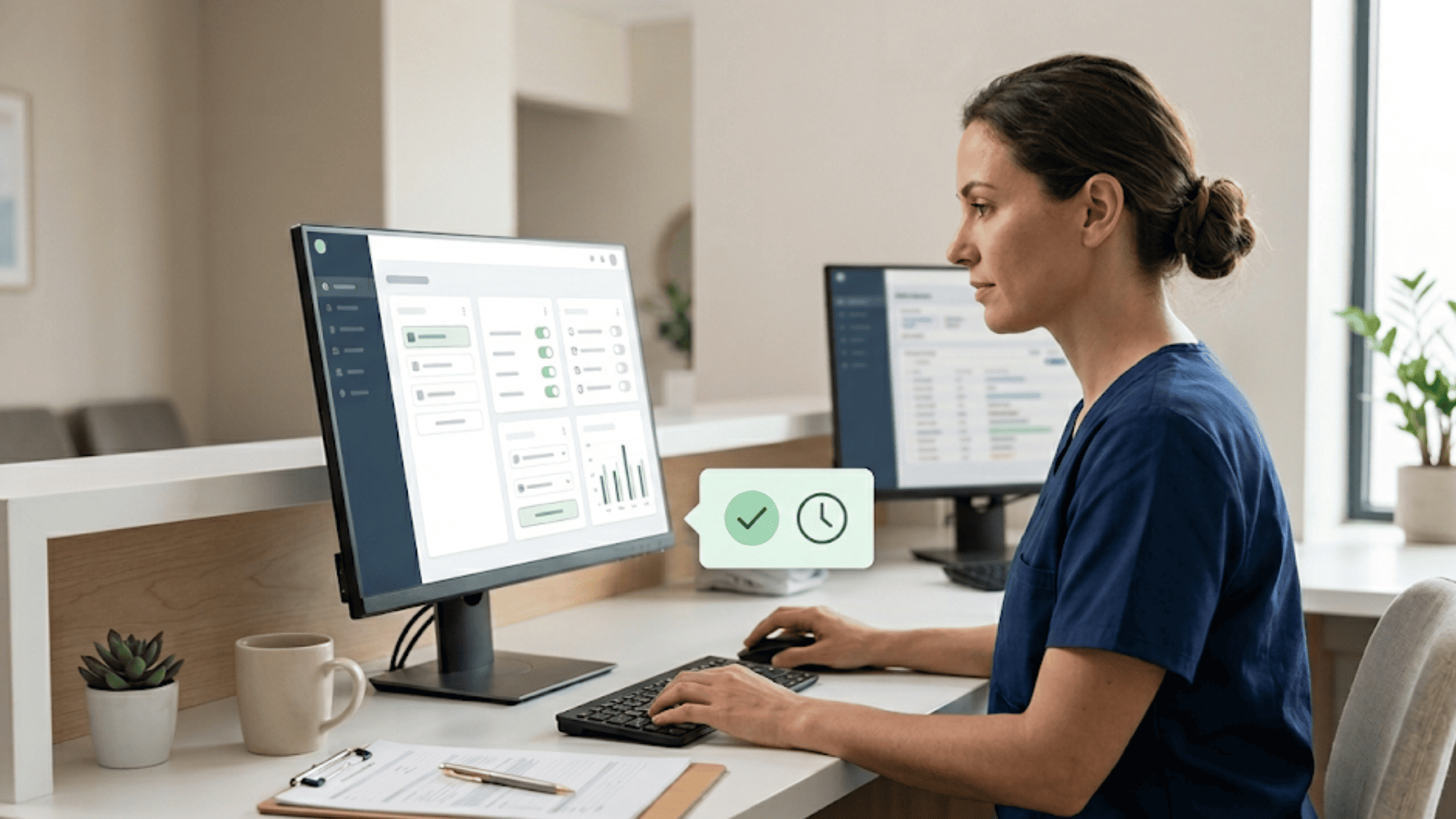 Front desk medical staff configuring patient engagement platform workflows on desktop without IT assistance at clinic reception